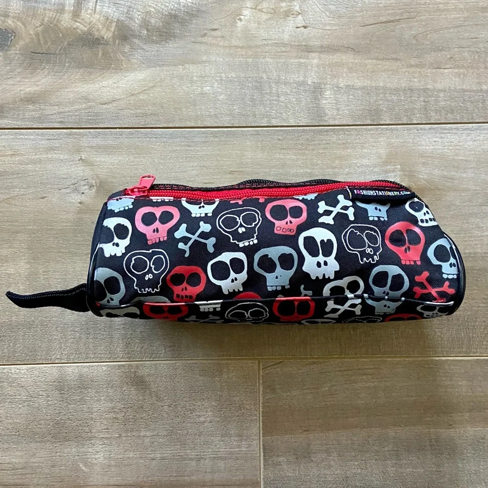 Fashion Stationary Black, Red and Gray Skull & Crossbones Double Zip Pencil Case